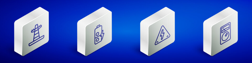 Set Isometric line Electric tower line, Battery charge, High voltage and Ampere meter, multimeter icon. Vector