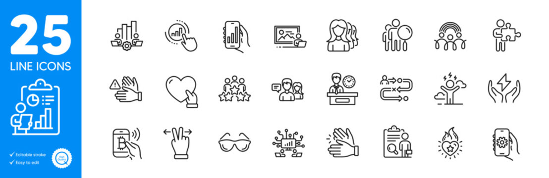 Outline icons set. Search people, Teamwork chart and Clapping hands icons. Graph chart, Journey path, App settings web elements. Bitcoin pay, Photo studio, Touchscreen gesture signs. Vector