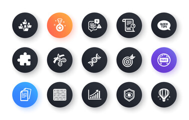 Minimal set of Scissors, Documents and Graph chart flat icons for web development. Teamwork, Puzzle, Chemistry dna icons. Winner reward, Stress, Fake news web elements. Binary code. Vector