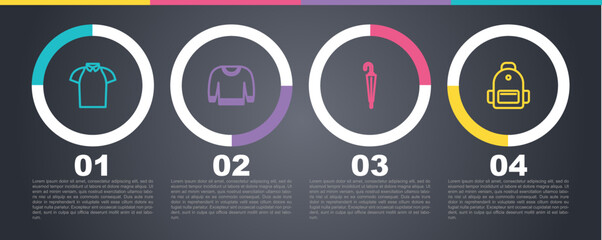 Set line Polo shirt, Sweater, Umbrella and School backpack. Business infographic template. Vector