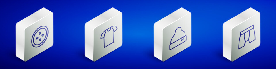 Set Isometric line Sewing button for clothes, T-shirt, Beanie hat and Men underpants icon. Vector
