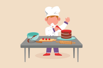 Happy little boy chef wearing chef uniform and making a birthday cake on the table. Cooking concept. Vector illustration.
