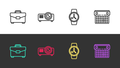 Set line Briefcase, Movie, film, media projector, Wrist watch and Calendar on black and white. Vector