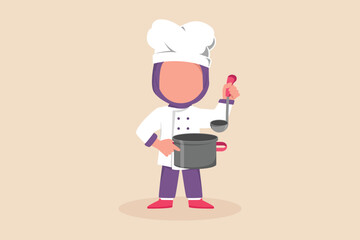Happy little girl chef wearing chef uniform and hold soup pot and stirrer. Cooking concept. Vector illustration.