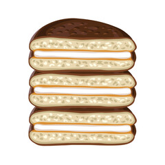 Сhocolate cake halves with white filling, isolated sweet dessert on white background. Vector