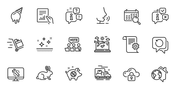 Outline set of Piggy sale, Clean skin and Work home line icons for web application. Talk, information, delivery truck outline icon. Include Push cart, Document, Cloud protection icons. Vector