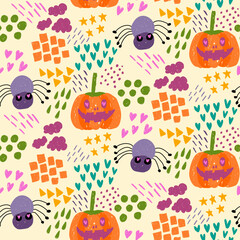 Inspired by children's cartoon drawing style. Seamless pattern for Halloween decorations. Hand drawn pumpkin and spider vector.