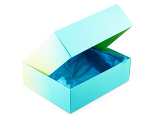 Top view of gift box with violet ribbon on blue background