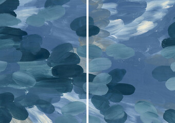 Acrylic abstract autumn textures of dark blue, white and gray spots. Hand painted pastel illustration isolated on white background. For design, print, fabric or background.