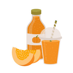 Jar and glass with pumpkin smoothie isolated on white background. Vector illustration of organic vegetable drink. Autumn seasonal products. Fresh natural juice for menu, banner for vegan eating