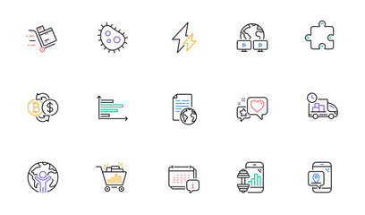 Inventory cart, Bitcoin exchange and Pin marker line icons for website, printing. Collection of Global business, Seo shopping, Video conference icons. Bacteria, Horizontal chart. Vector