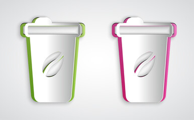 Paper cut Coffee cup to go icon isolated on grey background. Paper art style. Vector