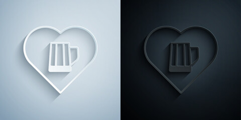 Paper cut Heart with glass of beer icon isolated on grey and black background. Paper art style. Vector