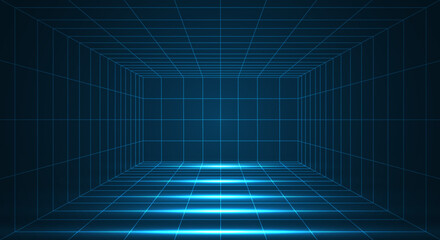 Futuristic 3D wireframe room. Perspective grid. Futuristic digital hallway space in virtual reality