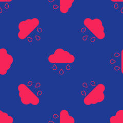 Red Cloud with rain icon isolated seamless pattern on blue background. Rain cloud precipitation with rain drops. Vector