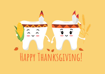 Thanksgiving tooth boy and girl in indian feather headband with corn and wheat ear in hand. White teeth in native american carnival costume dental character. Flat design cartoon vector illustration.