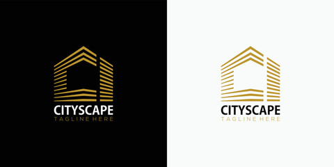 Cityscape Building logo with line art style. Initial Letter CI Golden Real Estate Apartment with CI Monogram luxury elegant logo design in Black and White Background