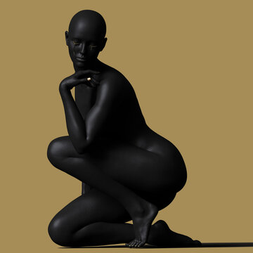 Full body of female figure with eyes closed and golden tears. Dark background. 3D illustration.