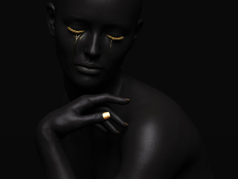 Female figure with hands on shoulders and golden tears, dark background. 3d illustration.