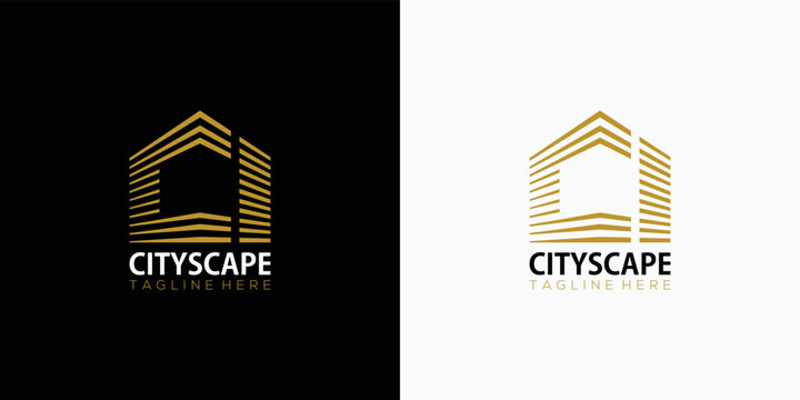 Cityscape Building logo with line art style. Initial Letter CI Golden Real Estate Apartment with CI Monogram luxury elegant logo design in Black and White Background