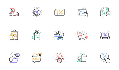 Discounts line icons. Sale Coupon, Promotion offer sign, Discount price tag. Wholesale store market and hot deal line icons. Coupon ticket, megaphone offer, delivery discount. Vector