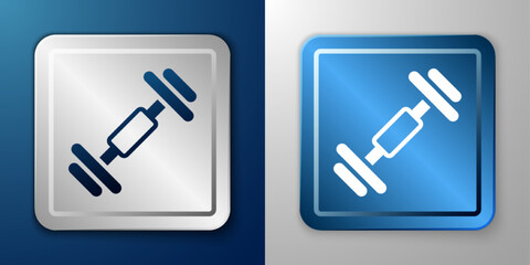 White Dumbbell icon isolated on blue and grey background. Muscle lifting, fitness barbell, sports equipment. Silver and blue square button. Vector