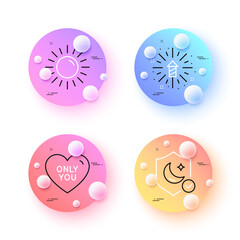 Fireworks explosion, Guard and Only you minimal line icons. 3d spheres or balls buttons. Sun icons. For web, application, printing. Pyrotechnic salute, Secure sleep, Love heart. Summer. Vector