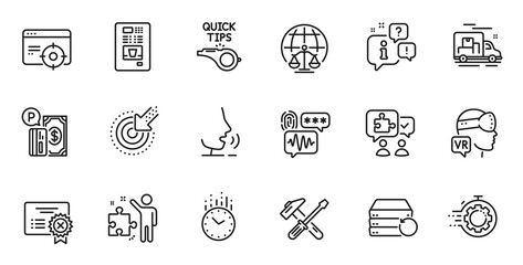 Outline set of Puzzle, Reject certificate and Tutorials line icons for web application. Talk, information, delivery truck outline icon. Include Parking payment, Seo timer, Strategy icons. Vector