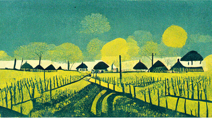 Stylized illustration of a village landscape. Lino print. 