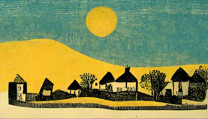 Stylized illustration of a village landscape. Lino print. 
