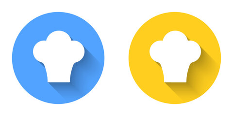 White Chef hat icon isolated with long shadow background. Cooking symbol. Cooks hat. Circle button. Vector