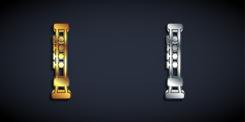 Gold and silver Flute icon isolated on black background. Musical instrument. Long shadow style. Vector