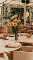 Table setting with sunflowers . Holiday dinner