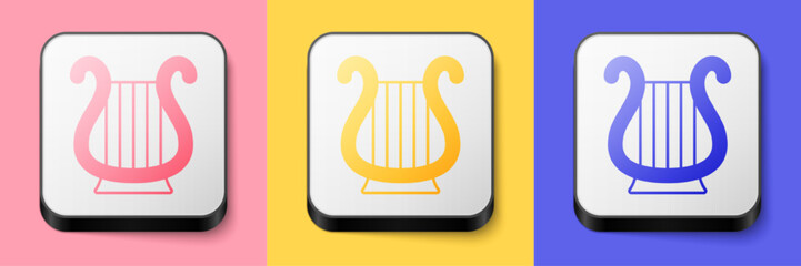 Isometric Ancient Greek lyre icon isolated on pink, yellow and blue background. Classical music instrument, orhestra string acoustic element. Square button. Vector
