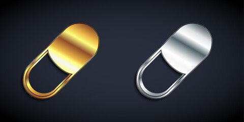 Gold and silver Sleeping pill icon isolated on black background. Long shadow style. Vector