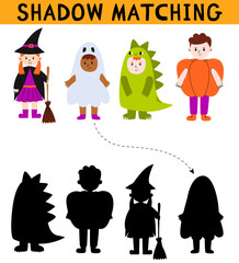Cute kids in halloween costume shadow matching activity for children. Simple educational game for kids with leaves. Find the correct silhouette printable worksheet.
