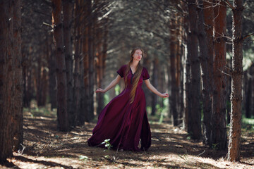 Obraz na płótnie Canvas A tall, slender woman with long blond hair walks in the woods in a burgundy dress. In the pine forest.