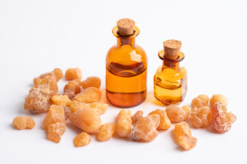 Frankincense or olibanum aromatic resin isolated on white background used in incense and perfumes.