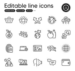 Set of Business outline icons. Contains icons as Star, Inspect and Outsourcing elements. Seo statistics, Teamwork, Globe web signs. Wallet, Shopping basket, Apple elements. Outline star icon. Vector