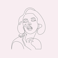 Stylish woman in cigarette smoking elegant line artwork