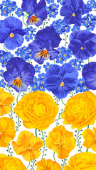 Vertical vector floral background in colors of Ukrainian flag. Realistic botanical illustration with blue and yellow flowers, pansies and buttercups (Ranunculus) for social networks, phone wallpaper