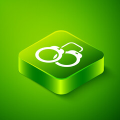 Isometric Handcuffs icon isolated on green background. Green square button. Vector