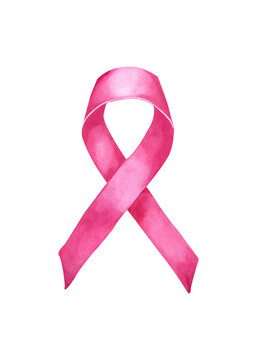 Realistic   breast cancer awareness ribbon. Watercolor  illustration isolated on white. 