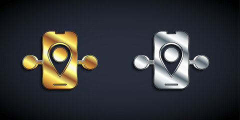 Gold and silver Route location icon isolated on black background. Train line path of train road route with start point GPS and dash line. Long shadow style. Vector