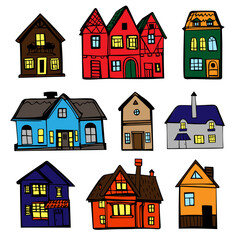 Set of hand drawn graphic sketch of different houses. Cartoon doodle sketch of country houses