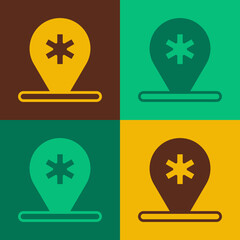 Pop art Medical map pointer with cross hospital icon isolated on color background. Vector
