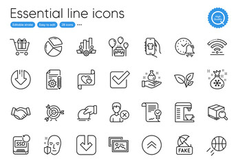 Cake, Love letter and Download arrow line icons. Collection of Photo album, Approved agreement, Alarm bell icons. Employees handshake, Search package, Leaves web elements. Recovery ssd. Vector