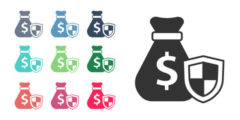Black Money bag with shield icon isolated on white background. Insurance concept. Security, safety, protection, protect concept. Set icons colorful. Vector