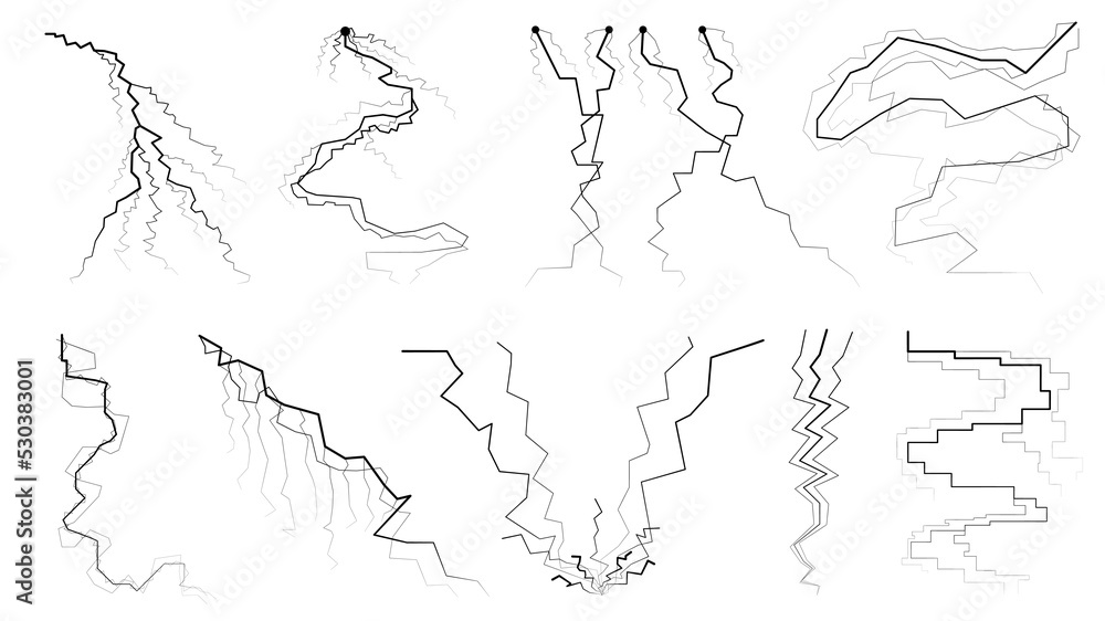 Poster set black outline simple line abstract collection lightning thunderstorm abackground light and shine