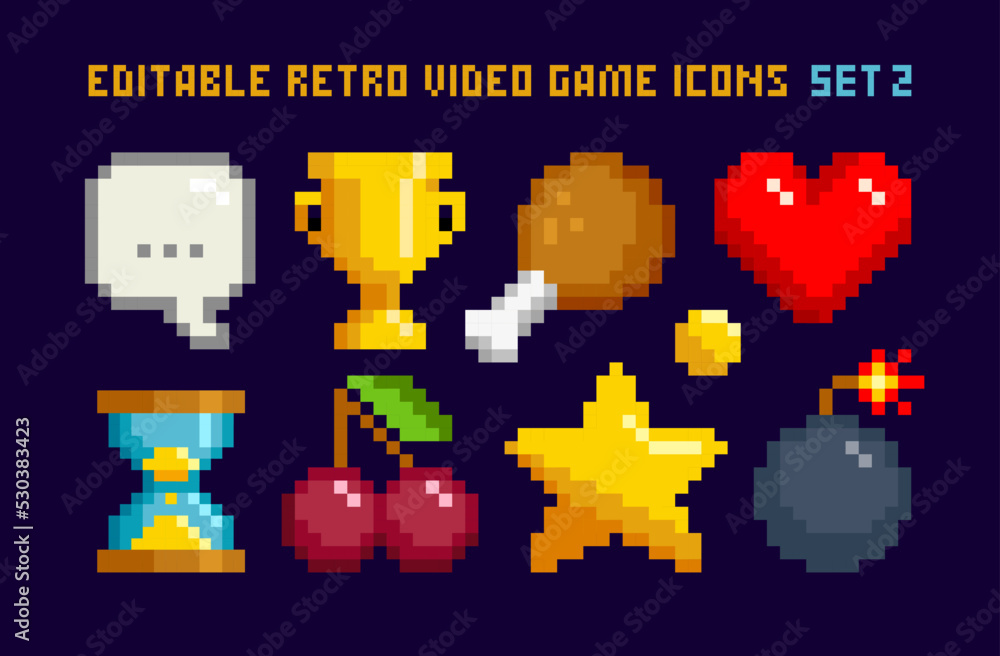 Poster 8-bt game pixel objects set 2 - editable vector. retro game loot icons in 8 bit style. pixel graphic